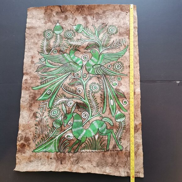 Burro & Birds Bold Amate Mexican Folk Art Bark Painting 16x24 Vintage Donkey - Picture 9 of 9